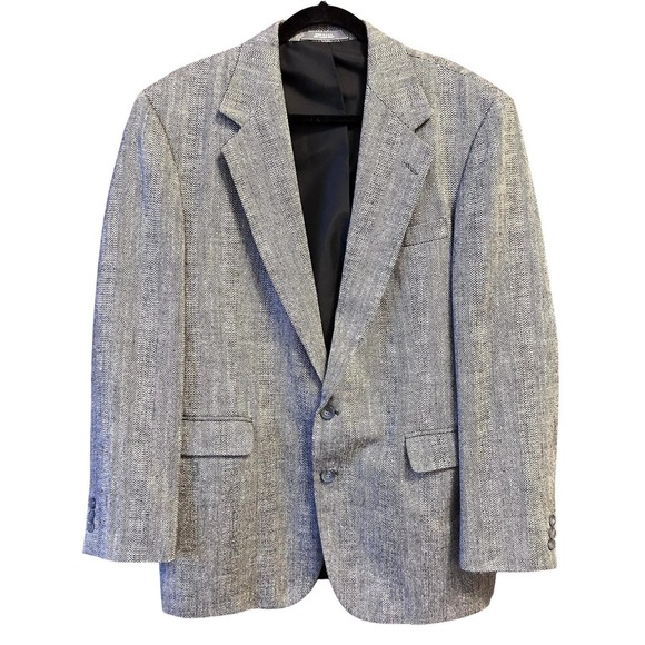 Haggar Imperial 100% Wool Tweed Mens Grey Herringbone Blazer Sport Coat Size 44R